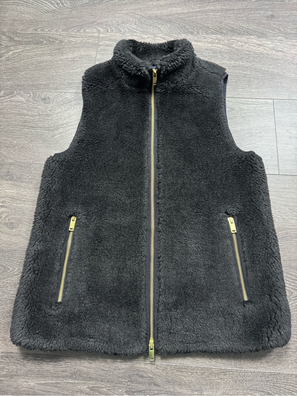J. Crew Black Sherpa Zip-Up Vest with Gold Zippers